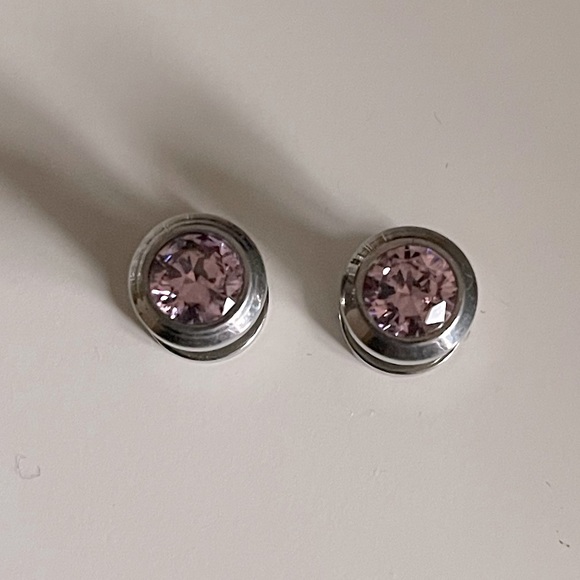 Silver tone surgical steel tunnels 2g pink crystal outside threaded body Jewelry - Picture 2 of 3
